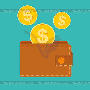 , icon, flat design. Flat wallet with money, coins - vector clip art