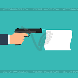 Hand holding pistol with an empty flag - vector clipart