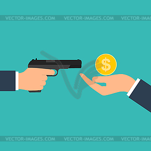 Criminal threatening gun extorts money of victim. - stock vector clipart