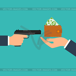 Criminal threatening gun extorts money of victim. - vector clip art