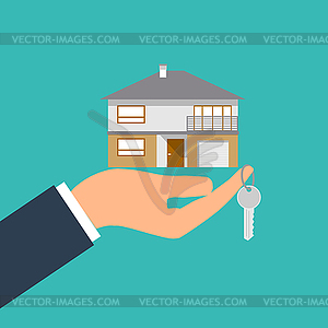 Hand holding house and key. image - vector clip art