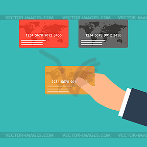 Hands holding credit card and money bills - vector clip art