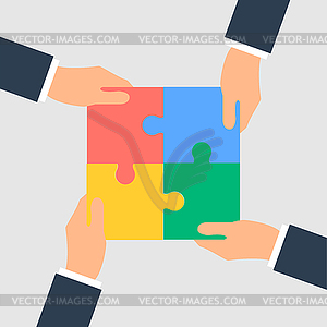 Business Hands putting puzzle pieces together - vector clipart