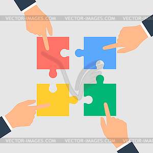 Business Hands putting puzzle pieces together - vector clipart