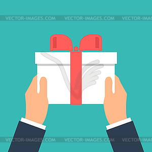 Give gift. Man holds white gift box with red - vector image