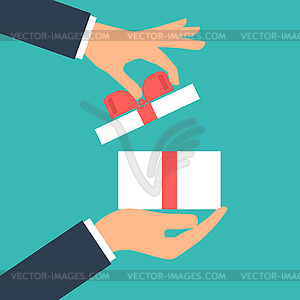 Give gift. Man holds white gift box with red - vector image