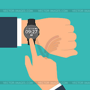 Smart watch on hand of businessman in suit. Time - vector clip art