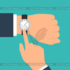 Wristwatch on hand of businessman in suit. Time on - vector clipart