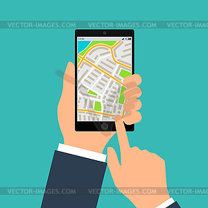 Mobile gps navigation on mobile phone. Hand holds - vector clip art