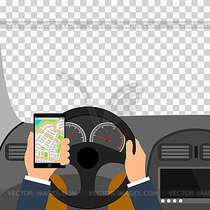 Man using smartphone while driving car, traffic - vector clipart