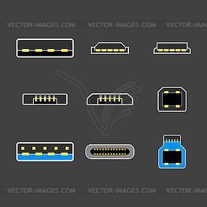 Разъемы USB типа A, B и USB типа C, микро, - векторное изображение EPS