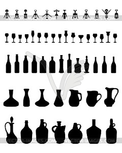 Bowls, bottles, glasses and corkscrew - vector clip art