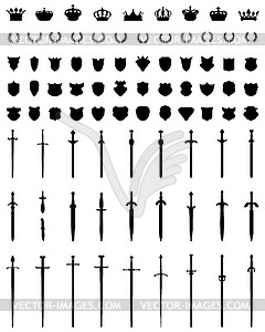 Crowns, shields, swords and wreaths - vector clipart