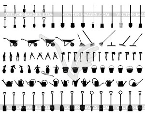 Silhouettes of different garden tools - vector clipart / vector image