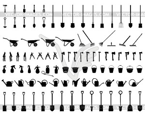 Силуэты различных садовых инструментов - векторный клипарт EPS
