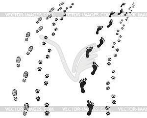 Prints of shoes, human feet and dog paws - vector EPS clipart