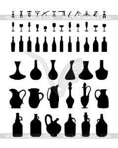 Bottles, glasses and corkscrew - vector clip art