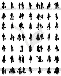 Силуэты семей в ходьбе - векторный клипарт / векторное изображение