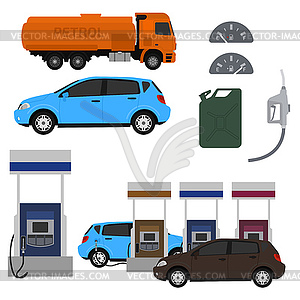 Petrol station set design. Flat with cars. Fuel - vector clip art