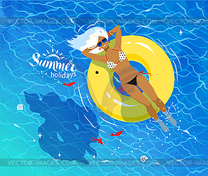 Woman on rubber ring on sea - vector clipart