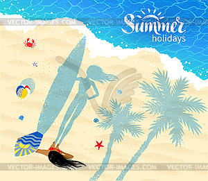 Surfer girl near coastline - color vector clipart