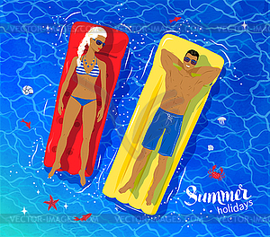 Young couple floating on pooll - vector image