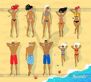 Set of sunbathing people - royalty-free vector clipart