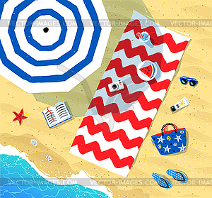 Beach mat and parasol near sea surf - vector clipart