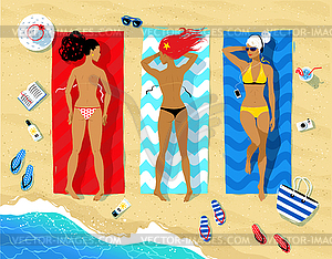 Three women lying on beach - vector clip art