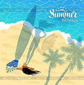 Surfer girl with long shadow - vector clip art