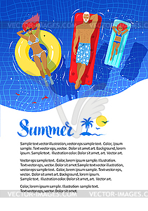 Summer flyer design with happy family - vector clip art