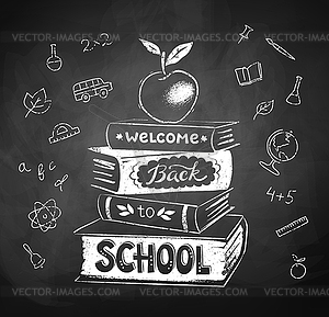 Chalk drawing of apple on stack of books - vector clipart