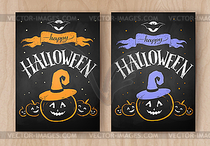 Happy Halloween postcards color chalked designs - royalty-free vector clipart