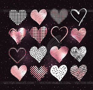 White and rose gold grunge Valentine hearts - vector clipart