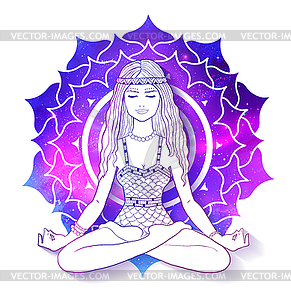 Woman meditating on Sahasrara chakra background - vector clip art