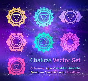 Glowing chakras on space background - vector clip art