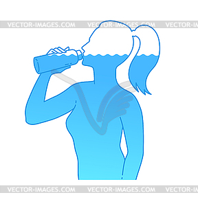 Женский силуэт питьевой воды с бутылкой - изображение векторного клипарта