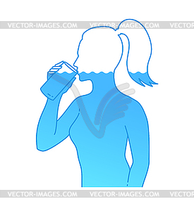Female silhouette drinking water with glass - vector clip art