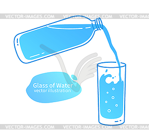 Бутылка, льющая воду в стакан - стоковое векторное изображение