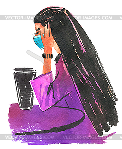 Woman in cafe wearing face mask - vector image