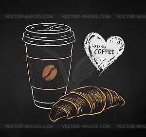 Chalk take away Coffee cup and croissant - vector clipart