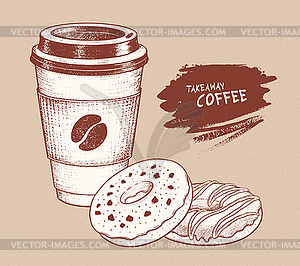 Vintage Coffee paper cup with Donuts - vector clipart