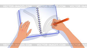 Flat lay hands writing in notebook - vector clipart