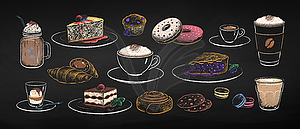 Chalk drawn set of coffee cups and desserts - vector clip art