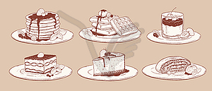 Set of desserts on plates - vector image