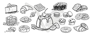 Sketch icons set of desserts and bakery products - vector clip art