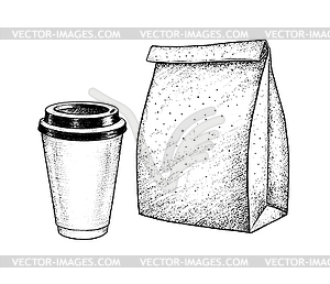 Take away coffee cup and paper bag - vector clipart