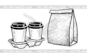 Coffee Cups in carrier and Paper Bag - vector image