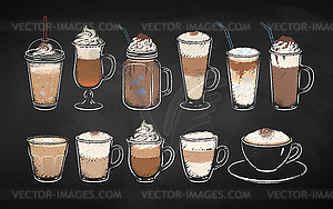 Chalk drawn coffee cups on chalkboard backgorund - vector clip art