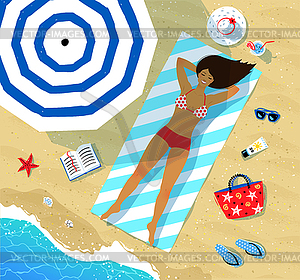 Плоская девушка, лежащая на пляже с нижним пара - векторизованный клипарт